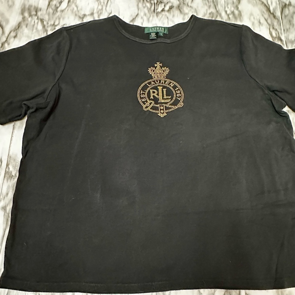 Lauren Ralph Lauren Gold Studded Embellished Black Tee Y2K Sparkly Soft Crown - Picture 5 of 7